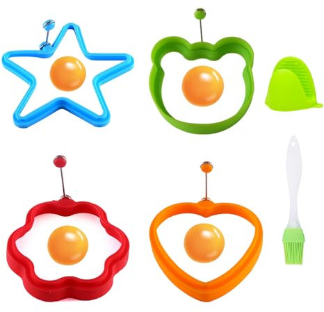 KASESSS 6 Stück Silikon Spiegeleiform Set, Spiegeleierformen für Die Pfanne, Multi-Style Pancake Form, Spiegeleier Form mit Griffen, Eierringe, Eierform für Die Pfanne mit Bürsten und Fäustling