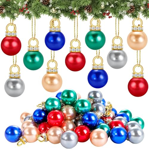 60 Mini Palline di Natale Colorate Con Filo Dorato - Baubles Perla per Albero di Natale da 1,6 cm (Multicolore-60Pcs)