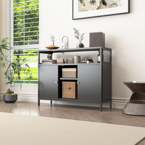 Mein-Regal Sideboard Mesh, schwarz, schmale Kommode aus Metall, Büro | TV-Konsole mit Regal Ablage und Schiebetür, Vitrine für Bücher und Deko, passt ins Wohnzimmer, Schlafzimmer