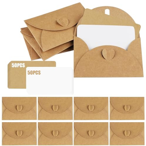 XIAQICA 100Pcs Mini Enveloppe Papier Kraft+100Pcs Carte vierges Papier enveloppe cadeau avec Fermoir Coeur Petites Enveloppes Cadeau pour DIY Thanksgiving Noel mariage Saint Valentin Anniversaire