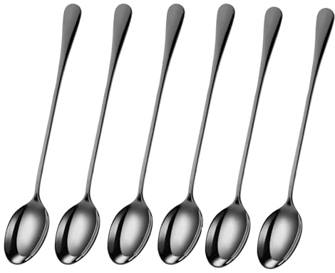 DIOXSTAR Stainless-Steel Long Handle Latte Spoons, Coffee Spoons for Tea, Sundae, Ice Cream, Dessert Ideal for Home, Kitchen, Restaurant, 19 CM, (Black Spoon Pack of 6)