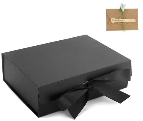 Scatola regalo pieghevole con coperchio a flip, confezione regalo con fiocco, scatola regalo nera, 23 x 17 x 7 cm, con 1 biglietto di benedizione, con coperchio e nastro, per regali, matrimoni, feste
