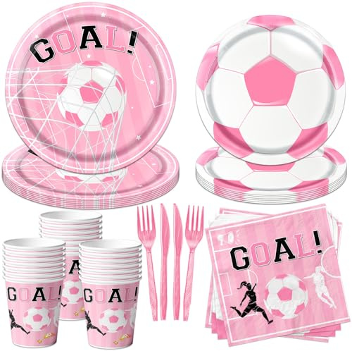 CMUSKO Pink Soccer Party Tableware Set for Girls, 100 Pieces, Includes Plates, Napkins, Cups, Cartoon Pattern, Disposable, Microwave Safe