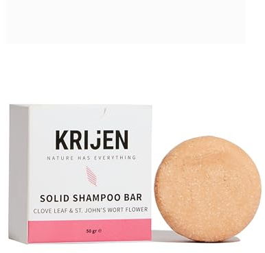 Krijen Vegan-fast schampo med nejlikaolja, johannesörtolja & rosa lera – för oljigt, fjälligt blandat hår – fuktgivande, anti-håravfall, handgjort, fungerar med hårt vatten – 50 g