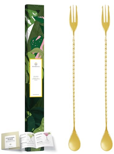 Homestia Cucchiaio da bar per mescolare cocktail, 2 pezzi, manico lungo 30,5 cm, in acciaio inox, a doppia estremità con punta a tridente (oro)