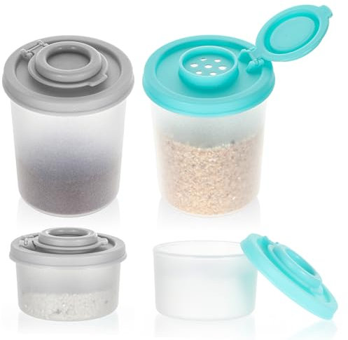 4 PCS Travel Salt and Pepper Shaker Set, Mini Spice Shaker Set with Moisture Proof Sinlicone Lids Plastic Airtight Kitchen Dispenser for Camping Travel Picnic Lunch Boxes(Grey, Mint)