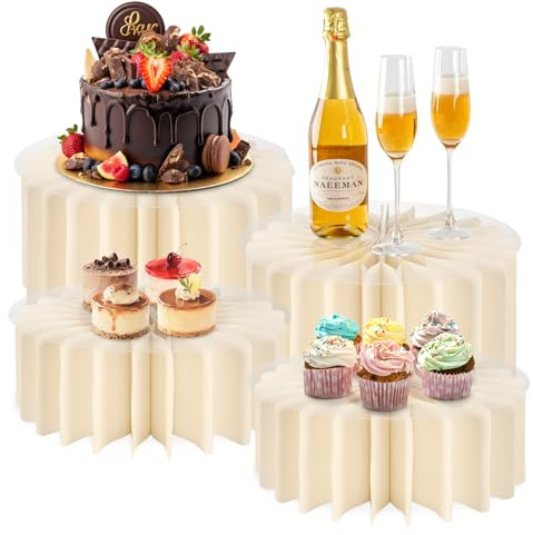 Btstil 4 Pcs Buffet Risers, Foldable Cardboard Cylinder Stands with Acrylic Lid for Buffet Table, Paper Risers Columns Display Stands for Party Wedding Birthday Decor