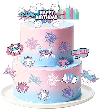 57stk Spinnen Geburtstagstorten Dekoset, Cartoon Themenparty Dekoration mit Rosa Spinnennetzen Gebäude Geburtstag Cupcake Deko für Männer