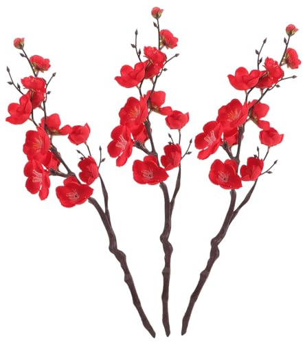 BESPORTBLE Ramas de Flores Artificiales de Ciruelo Rojo sin Riego 3 Piezas, Material de Seda y Plástico Realistas para Decoración de Ramos y Cestas