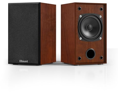 Elimavi Altavoces pasivos para estantería, diseño de 2 vías con woofer de 4 pulgadas y tweeter de cuerno de seda de 1 pulgada, graves de 60 Hz, ideal para el hogar, la oficina y el teatro, marrón