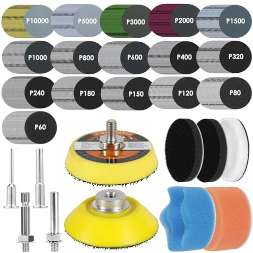 331 Pcs Sanding Disc 50mm Wet Dry Hook and Loop Sanding Discs 60-10000 Grit Sandpaper Pad Kit with 1/8 1/4” Shank for Resin Wood Jewelry Metal