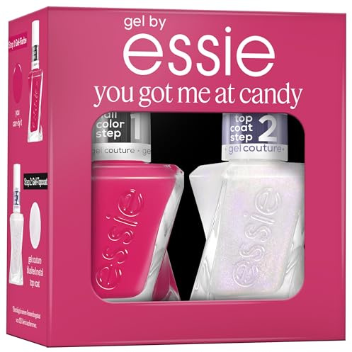 gel by essie you got me at candy, Set mit pinkem Gel-Lack you can-dy it und gel couture blushed metal top coat für bis zu 15 Tage Halt