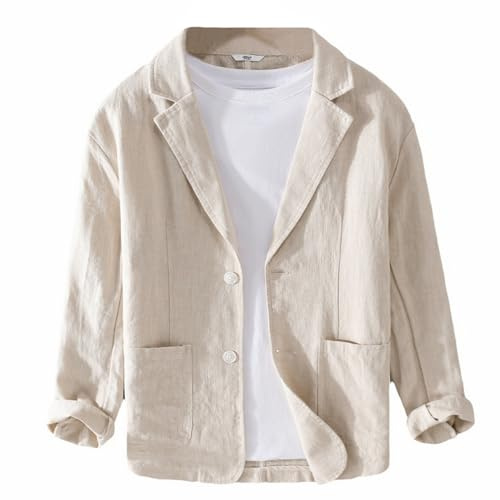GIBZ Blazer en Lin pour Hommes Ample Simple 2 Boutons | Veste de Costume Revers Cranté Manteau de Sport avec Poche Polyvalent pour Printemps Été