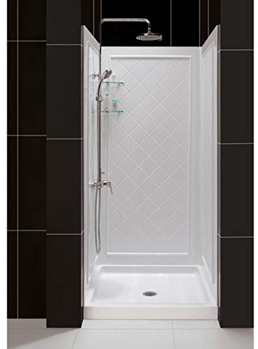 DreamLine 32 in. D x 32 in. W x 76 3/4 in. H Center Drain Acrylic Shower Base and QWALL-5 Backwall Kit In White, DL-6195C-01