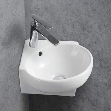 BERNSTEIN Eckwaschbecken klein Wand-Waschbecken KW198A Keramik für Gäste WC - 39,5 x 36,5 x 14 cm - 5 Jahre Garantie - Hängewaschbecken mit Armaturloch in Weiß, Eckwaschtisch mit Blende in Weiß