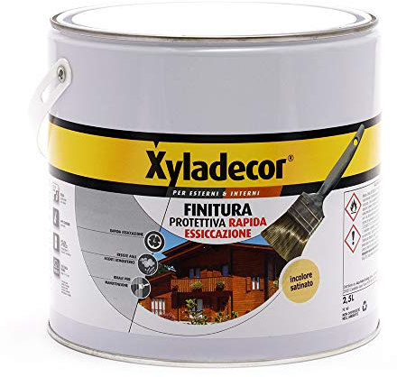 Xyladecor FINITURA PROTETTIVA RAPIDA ESSICCAZIONE per Legno a base solvente, per Interni ed Esterni, applicazione rapida per manutenzione mobili, porte, persiane, INCOLORE SATINATO 2,5L, 2.5 L