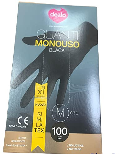 Dealo - GUANTI 100 PZ MONOUSO SIMILATEX NO LATTICE NO TALCO CERTIFICATI DPI di Categoria 1 EN420:2003+A1 2009 per CONTATTO CON ALIMENTI (M, Nero)