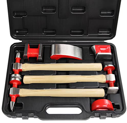 C&T 7 Piece Auto Body Repair Tool Hammer Dolly Set, Car Body Repair Tool Kit with Carrying Case, Hickory Handles