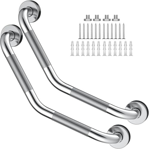 16 Inch Angled Grab Bar 2 Pack, ZUEXT Anti Slip Shower Grab Bar Handles,Chrome Stainless Steel Knurled Bathroom Balance Bar, Safety Hand Rail Support,Handicap Elderly Injury Senior Assist Bath Handle | Shower Grab Bar Handles for Wall, Stainless Steel Bathroom Balance Bar, Safety Hand Rail Support, for Handicap Elderly Senior