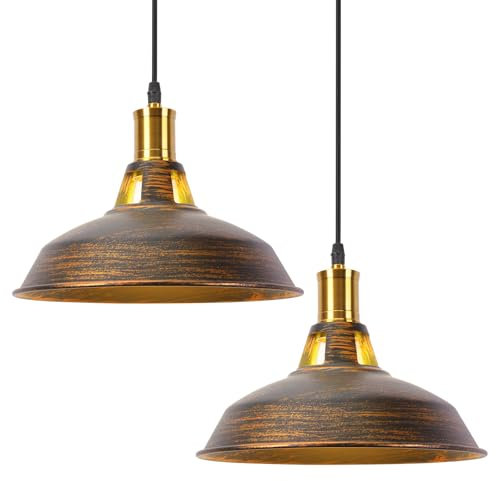 iDEGU Lot de 2 Suspension Luminaire Industrielle, 27CM Rétro Lustre Plafonnier en Métal E27 Éclairage de Plafond Vintage Lampe Suspension pour Cuisine Salon Salle à Manger Bar Restaurant (Bronze)