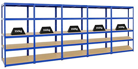 PROREGAL Mega Deal 5er-Set Schwerlastregale Slim Elephant 180x90x60cm mit 5 Ebenen Fachlast 350kg Blau