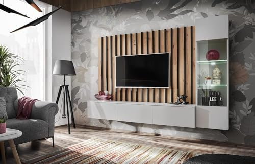 All4All Wohnwand - Verde - Schrankwand - Wohnwand - Wohnzimmerschrank mit Lamellen - Fernsehschrank - Oberschrank - Anbauwand - Artrisan Perla Gray - 21