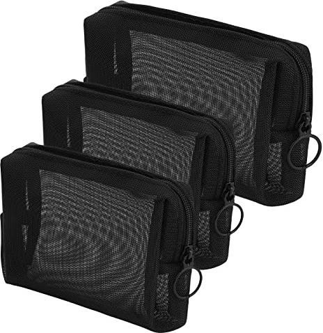 Sibba Set med 6 mininecessärer i nät med vattentät nylon dragkedja, liten handväska, kosmetikaförvaringspåse, sminkorganisatör, reseorganiserare, Svart - 2 stycken liten storlek + 1 st medium storlek