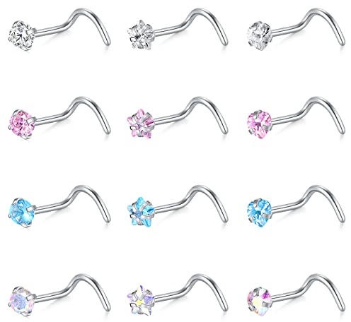 WillTen 20G Nose Studs L Shape Women Nose Studs Colorful Diamond CZ Silver Stainless Steel Heart Start Piercing Jewelry