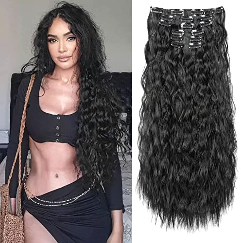FLUFYMOOZ Clip in Extensions, 60cm 6PCS Lange gewellt Wellige Clip in Haarverlängerungen Dickes Natürliches Weiches Synthetisches Haarteil Für Frauen Mädchen Natürliches Schwarz