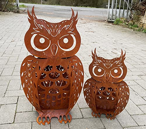 STEINFIGURENWELT GIEBEN Eule filigran 3D Optik Höhe 43cm Edelrost Gartendeko Wetterfest Rost Metall Gartenfigur Rostfigur Terrasse Uhu Kauz Metallfigur