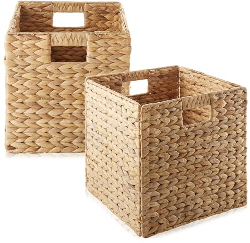 Casafield 12 x 12 Water Hyacinth Storage Baskets, Natural - Set of 2 Collapsible Cube Organizers, Woven Bins for Bathroom, Bedroom, Laundry, Pantry, Shelves