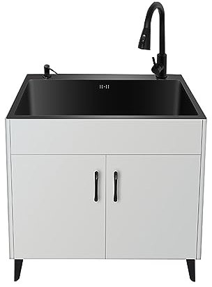 TRGCJGH Küchenspüle Unterschrank, Spülbecken Edelstahl mit Schrank,Spüle Freistehende Waschbecken Spültisch Gastro 1 Becken (500X400mm/19.6X15.7in,White)