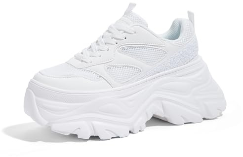 LUCKY STEP Women's Glitter Chunky Sneakers Breathable Mesh Dad Sneakers Fashion Casual Sparkly Bling Walking Shoes(7 M US White)