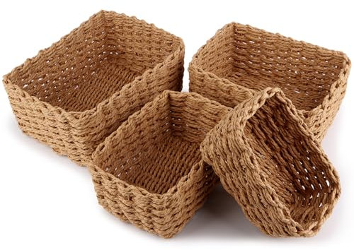 4er Set Aufbewahrungskorb Geflochten, Korb AufbewahrungStapelbare, Körbchen Boho Deko aus Papierseil, Korb Geflochten Wickeltisch, Storage Basket für Wohnzimmer Küchen Kinderzimmer Bad, Kleine Körbe