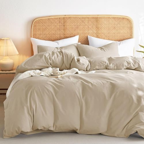 Lanqinglv Bettwäsche 220x240 Baumwolle Renforce Beige,Leinenoptik Baumwollbettwäsche mit Reißverschluss,ÖKO-TEX Bettwäsche für Allergiker Geeignet,1 Bettbezug & 2 Kissenbezug 80x80 cm