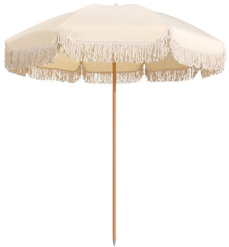 Parasol de jardin rétro à pompons avec fonction d'inclinaison de 180 cm - Parasol de plage en rose à rayures - Tige en bois massif - Protection UV - Décoration extérieure élégante pour la protection