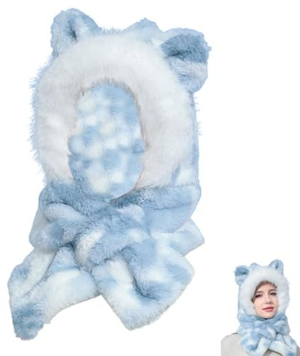 Winddichter Kapuzenschal, Kapuzenschal-Mütze, Tier-Ohr-Hals-Schal, Ski-Schnee-Mütze, Mit Plüsch gefütterte, winddichte Beanie-Mütze, Halsmanschetten mit Ohrenklappen, Ausrüstung für kaltes Wetter zum