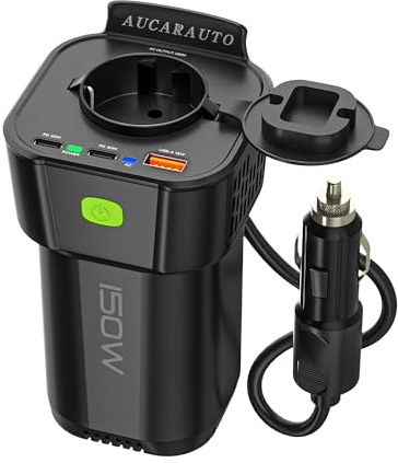 AUCARAUTO 150W Spannungswandler, DC 12V zu 230V AC 5-in-1 Wechselrichter Getränkehalter Konverter mit 10A Zigarettenanzünder Steckdose, 2 USB-C 30W & 1 USB-A 18W Ladeanschlüsse - Schwarz