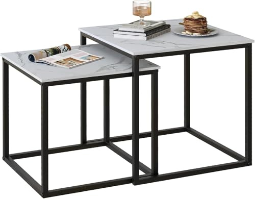 Huhote Nesting Tables, Set of 2 End Table, Coffee Tables with Metal Frame