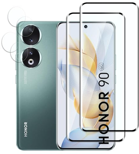 Jinshiweikai 4 Pezzi, 2 x Pellicola Vetro Temperato per Honor 90 e 2 x Pellicola Vetro Protettiva Fotocamera Posteriore,3D Copertura Totale,Durezza 9H,Antigraffio,HD Chiaro