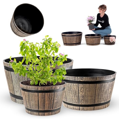 KADAX Set med 3 växtkrukor i träfatsdesign, ø 30 cm + 40 cm + 50 cm, tillverkad av väderbeständig plast, för trädgård, terrass och balkong, dekorativ blomkruka, mockabrött, damm med vattenhink