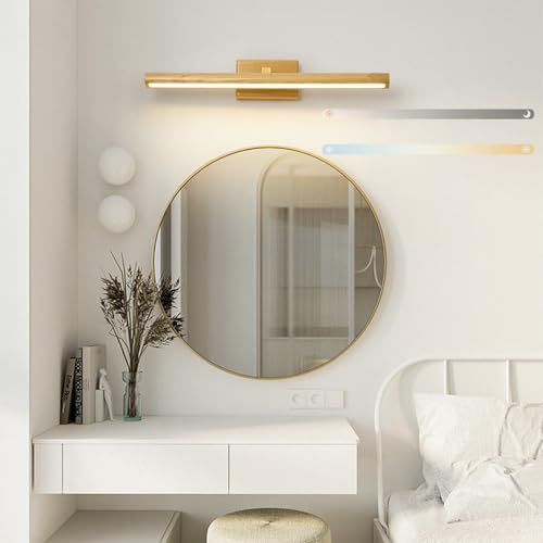LED Holz Wandleuchten 180° Drehbar Innen Wandlampen Dimmbar Dreifarbiges Licht Wandbeleuchtung Spiegellampe Modern Badezimmer Spiegelleuchte Schlafzimmer Treppenhaus 3000K-6500K (Helles Holz,40cm)