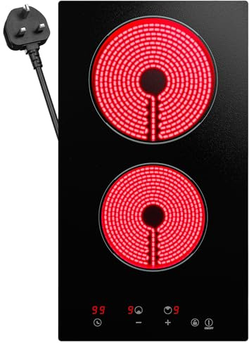 BOOVAL Plug in Electric Ceramic Hob - 30cm 2 Ring Electric Hob 2900W, Touch Control with 9 Power Levels, 99 Min Timer & Child Lock, 13AMP Plug Included(Black) BCH292T