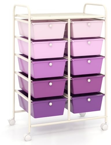 COSTWAY Rollwagen mit 10 stapelbaren Schubladen, Schubladenwagen Rollcontainer mit Metallgestell und Ablagefläche, Badrollwagen Aufbewahrungswagen für Büro, Wohnzimmer, 65,5 x 37 x 87 cm (Lila)
