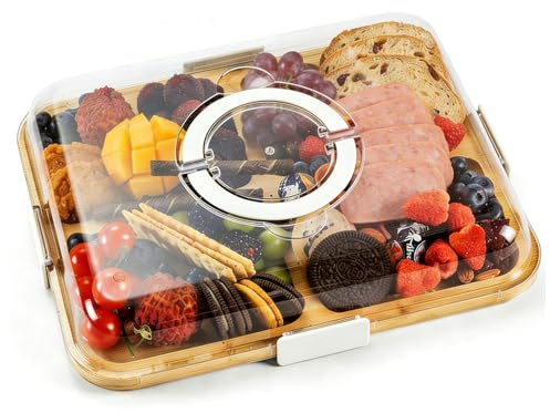 Charcuterie Boards with Lid and Handle, Portable Bamboo Cheese Board with 6 Compartments, Meat Fruit Snack Serving Tray, Charcuterie Boxes Cutting Boards for Housewarming, Kitchen (White)