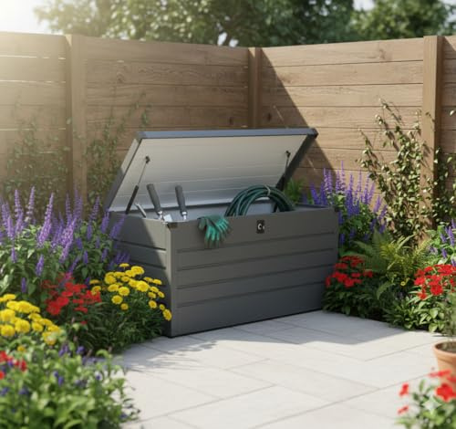 Metall-Aufbewahrungsbox Gartentruhe 600L Stauraum wetterfest | Wetterfest, Wasserdicht, Verzinktes Stahlblech, Abschließbarer Deckel, Großes Stauraumvolumen, Korrosionsbeständig