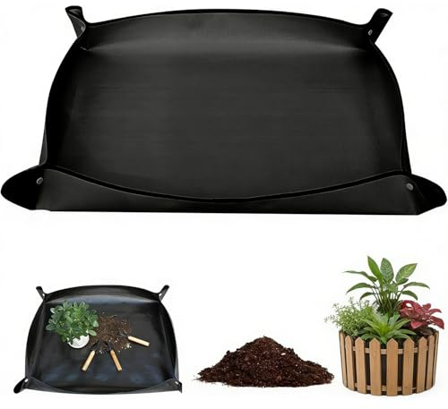 LEOUEANR 1 alfombrilla de trasplante de plantas de 100 x 150 cm, impermeable, plegable, con material de polietileno y ganchos de cobre para plántulas, cambio de suelo y poda (negro)