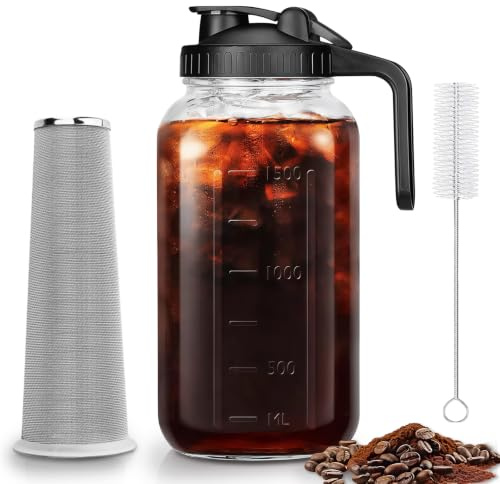 NBOUOU Cold Brew Coffee Maker Jar, 2L/64oz Iced Coffee Maker with Filter, Cold Brew Glass Jug with Lid Handle for Ice Tea,Lemonade, Homemade Fruit Drinks