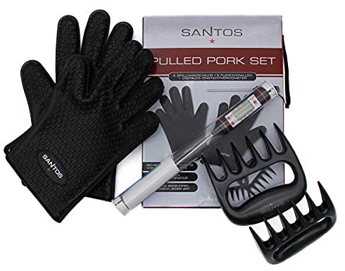 SANTOS Pulled Pork Set, 3-teilig - Pulled Beef - Fleischkrallen Set inkl. Thermometer & Grillhandschuhen - optimale Ergebnisse dank Vollausstattung