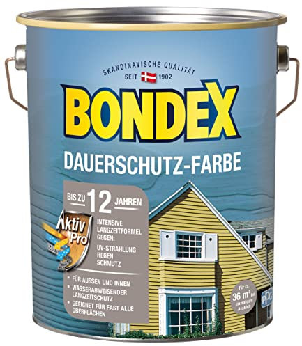Bondex Dauerschutz Farbe Schneeweiß 4 L für 36 m² | Hervorragende Farbstabilität | Wetter- und UV-Schutz - bis zu 12 Jahre | Seidenglänzend | Dauerschutzfarbe | Holzfarbe
